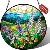Stained Glass Window Hanging, Wildflowers Plant Scenery Suncatcher for Door Home Decor,Valley Sunrise Sun Catcher Ornament Mother's Day Birthday Gifts for Women Men Mom 6.3 in
