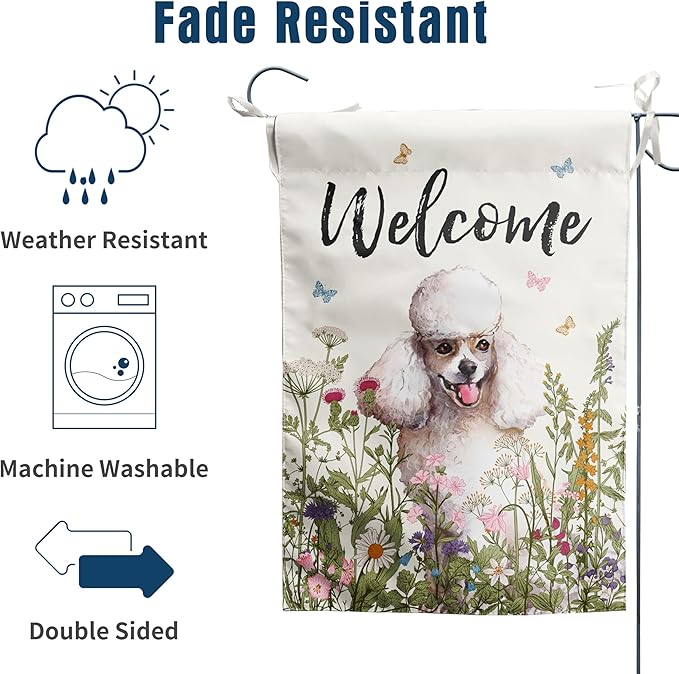 Spring Summer Garden Flag Floral Poodle Yard Flag Flower Dog Garden Flags for Outside Small Outdoor Welcome Flags 12x18 Double Sided