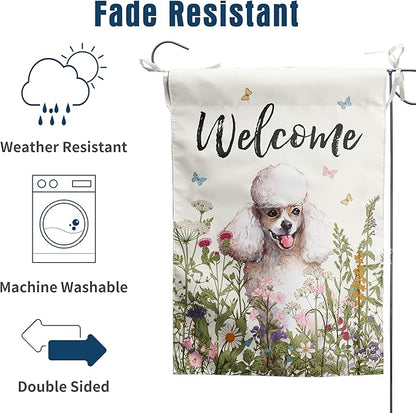 Spring Summer Garden Flag Floral Poodle Yard Flag Flower Dog Garden Flags for Outside Small Outdoor Welcome Flags 12x18 Double Sided
