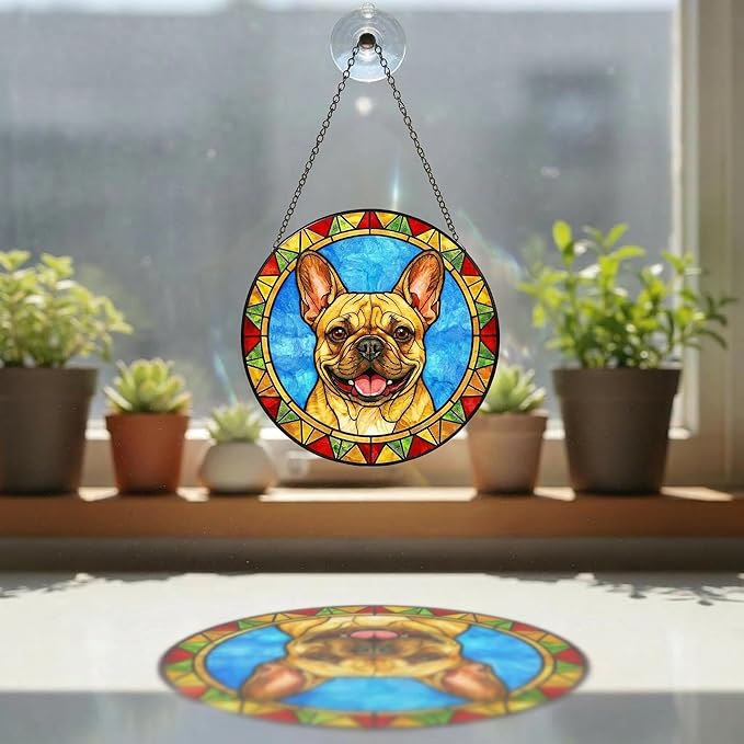 Stained Glass Dog Memorial Suncatcher,French Bulldog Window Hanging,Sympathy Gifts for Pet Loss,7.9 inch/20 cm Home and Garden Decor for Dog Lovers