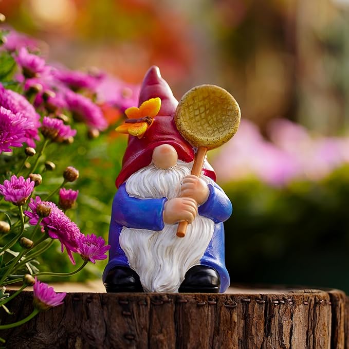 Garden Gnome Statue with Butterfly Net - Hand-Painted Resin Figurine 6.1in, Weatherproof Outdoor Decor for Patio, Yard, Lawn - Durable Indoor/Outdoor Accent, Gift for Mom,Women