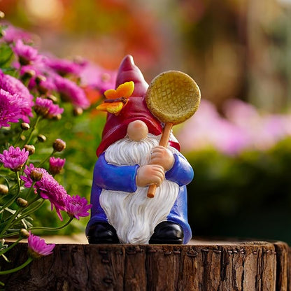 Garden Gnome Statue with Butterfly Net - Hand-Painted Resin Figurine 6.1in, Weatherproof Outdoor Decor for Patio, Yard, Lawn - Durable Indoor/Outdoor Accent, Gift for Mom,Women