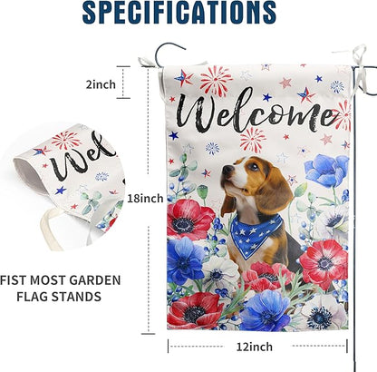 4th of July Beagle Garden Flag Red White Blue Floral Dog Yard Flags Small Memorial Independence Day Banner 12x18 Double Sided for Outside Outdoor Patriotic Decor