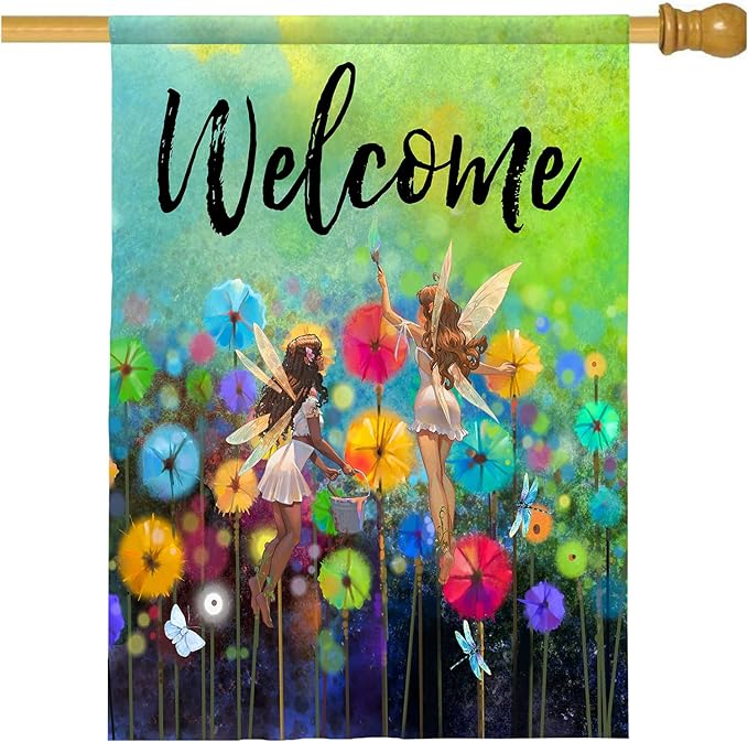 Welcome Garden Flag 28 X 40 In Outdoor Summer Spring Fairy Flowers Dragonfly Floral Mini Yard Flag House Flags Farmhouse Sign For Home Garden Decoration Banner