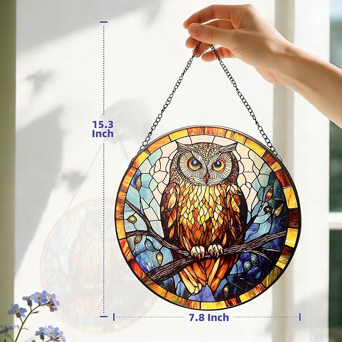 Owl Stained Glass Suncatcher,7.8-in Colorful Bird Window Hanging Ornament for Indoor & Outdoor Decor, Gift for Bird Lovers, Women, Mom, Grandma, Living Room, Garden, Porch, Housewarming