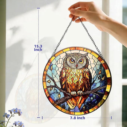 Owl Stained Glass Suncatcher,7.8-in Colorful Bird Window Hanging Ornament for Indoor & Outdoor Decor, Gift for Bird Lovers, Women, Mom, Grandma, Living Room, Garden, Porch, Housewarming