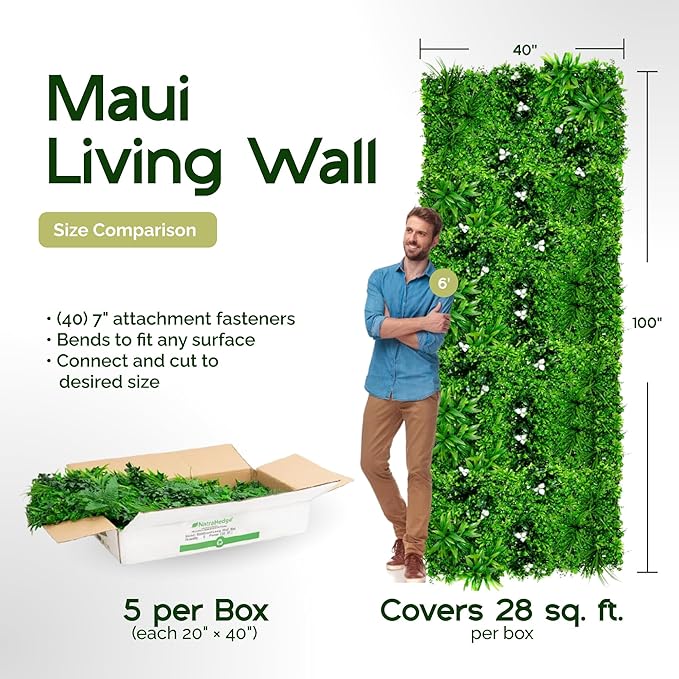 NatraHedge 20''X40'' Artificial Maui Living Wall Grass Wall Decor, 5Pcs (28SqFt) Hedge Leaf Grass Panels for Indoor, Outdoor, Garden and Balcony Privacy Fence Screen