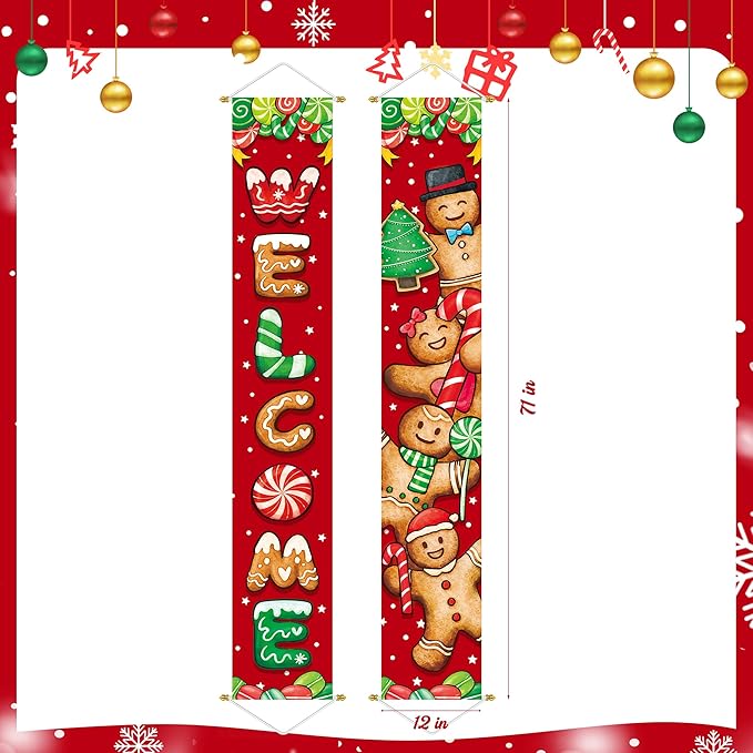 Ivenf Christmas Decorations Outdoor Yard: Cute Gingerbread Man Front Porch Sign Set, Hanging Red Brown Welcome Door Banner Xmas Decorations for Home, Wall Front Door Yard Garage Indoor Outdoor Décor