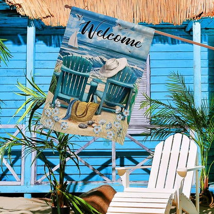 Hzppyz Welcome Summer Beach Coastal Nautical House Flag Double Sided, Ocean Blue Sea Myosotis Sylvatica Chairs Decorative Garden Yard Outdoor Large Decor, Burlap Home Outside Decoration 28 x 40