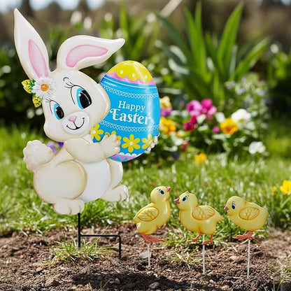 4PCS Spring Rabbit Metal Yard Decorations Stakes, Grandmas Garden Easter Holiday Yard Decoration Outdoor Stakes, Memorial Personalized Unique Garden Gifts Women for Grandma Statue