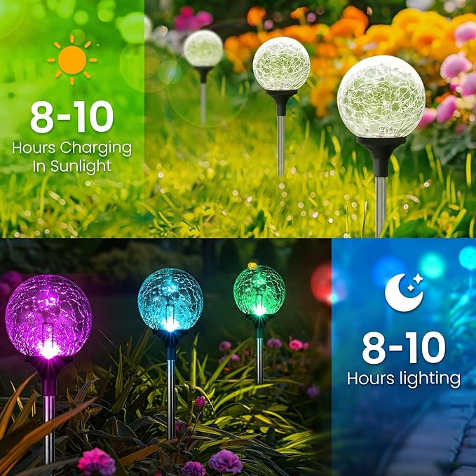 GIGALUMI Solar Garden Lights 3 Pack, Solar Lights Outdoor Decorative Waterproof, Outdoor Solar Lights for Yard Decorations, Multi-Colored Changing Garden Globe Cracked Glass Ball with LED Lights