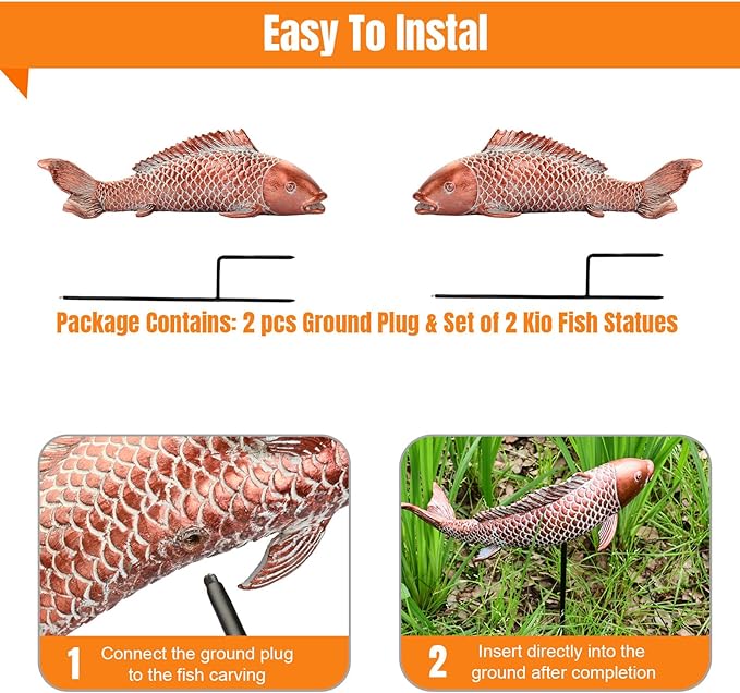 Garden Statues Koi Fish Decor Outdoor Garden Fish Statues, Set of 2 Antique Copper Koi Art Sculptures for Patio, Backyard, Pond and Home Decor, Best Gardening Gifts for Women Mom