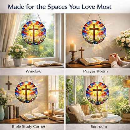 Christian Cross Suncatcher Window Hanging, 7.87" Stained Glass Mother’s Day Faith Gift for Mom Grandma, Radiant Cross Religious Decor for Window Prayer Room Sunroom Office