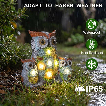 Candieslife Solar Garden Statue Owl Decor – Cute Owl Family Figurines with LED Succulent Lights, Waterproof Outdoor Yard Art Ornaments for Patio, Lawn, Porch, Housewarming Gifts for Women Mom