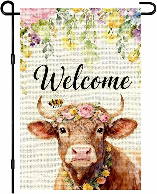 IVN Welcome Cow Spring Garden Flag 12x18 Inch Farmhouse Highland Cow Watercolor Floral Crown Bee Rustic Farmhouse Buffalo Front Door Burlap Double Sided Vertical Small Yard House Flag Seasonal Outdoor Decoration for Outside Home Lawn Porch Patio Spring...