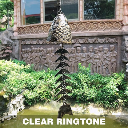 Fish Wind Chime, Fishbone Wind Chime, Fish Bone Cast Iron Wind Chimes Vintage Metal Wind Chimes Outdoor Soothing Melody for Garden Home Yard Porch Hanging Decor (Bronze)