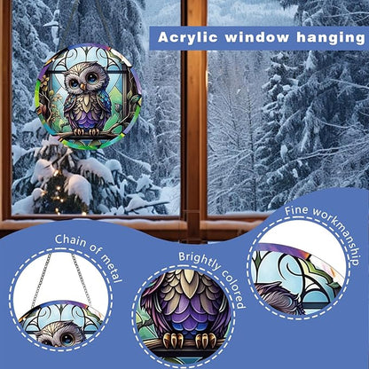 Owl Acrylic Window Hanging,Stained Window Hanging Decor Colorful Ornament,Stained Two-Sided Panel Hangings Decoration,Acrylic Suncatcher for Garden Kitchen Living Room