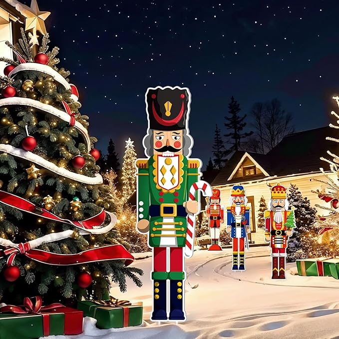 Geetery 4 Pcs Large Nutcracker Yard Sign with 16 Stakes 32 Inch Christmas Yard Decorations Outdoor Holiday Nutcracker Xmas Outside Lawn Decor for Garden Pathway Party(Red，Blue，Green,Classic)