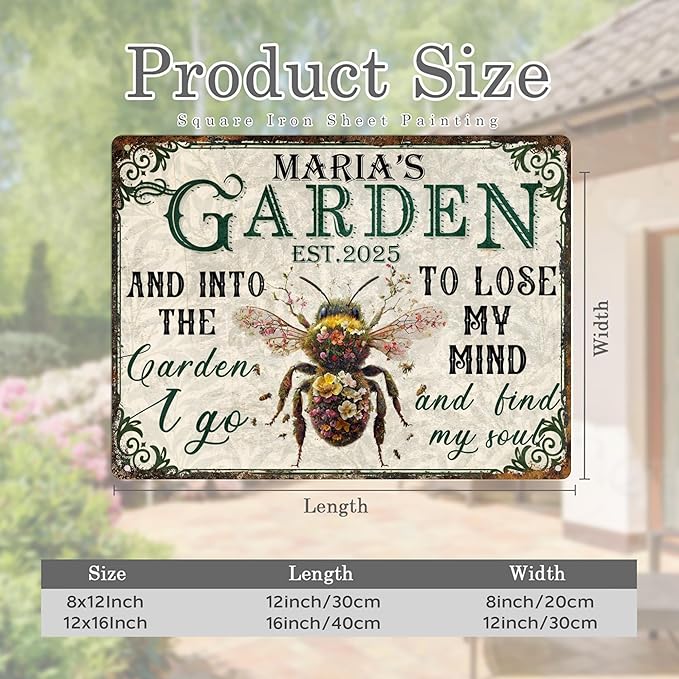 Custom Garden Signs Personalized Metal Tin Sign for Women, Retro Funny Bee Metal Sign for Outdoor, Patio, Yard Rustic Home Decor Gift for Mothers Day, Grandmas, and Gardening Lovers