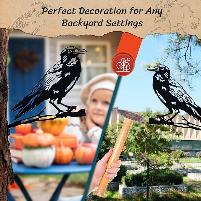Renovatio Metal Bird Decor, Gifts for Mom, Artistic Raven Silhouette, Metal Garden Ornament, Outdoor Tree Decorations – A Remarkable Yard & Lawn Decor – Raven (Black)