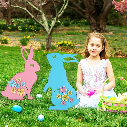 Metal Easter Bunny Yard Sign - 2 Pack Colorful Easter Bunny Lawn Stakes with 3D Flowers Spring Garden Decorations for Outdoor Easter Decor