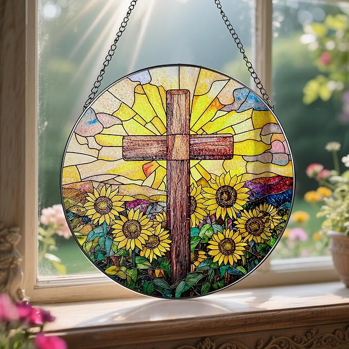 Stained Glass Suncatcher, Sunflower & Cross Sun Catcher Ornament; Stained Glass Window Hanging, Christmas Ornament, Christian Home Decor; Baptism Gift, Christian Gifts, Religious Gifts