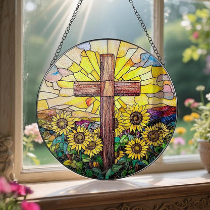 Stained Glass Suncatcher, Sunflower & Cross Sun Catcher Ornament; Stained Glass Window Hanging, Christmas Ornament, Christian Home Decor; Baptism Gift, Christian Gifts, Religious Gifts
