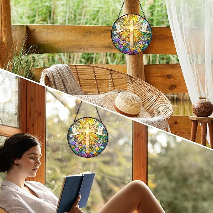 Christian Suncatcher Stained Glass Cross Window Hanging Wall Decor, Christmas Religious Gifts for Women, Easter Religious Wildflower Bird Garden Lawn Sun Catchers for Window Hanging, 7.9x7.9In