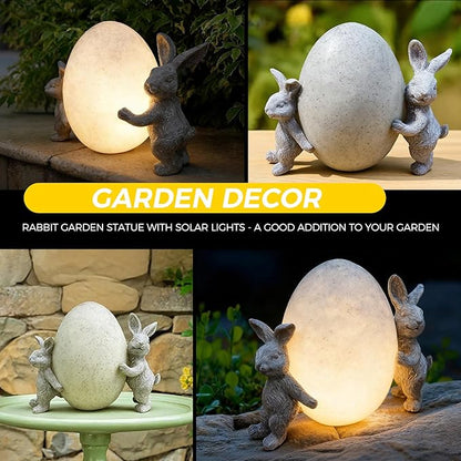 Solar Bunny Garden Statue with LED Light – Cute Solar Garden Decor Outdoor Rabbit Statue for Patio Yard Backyard Lawn, Bunny Decor Garden Statues, Easter Rabbit Gifts-Egg