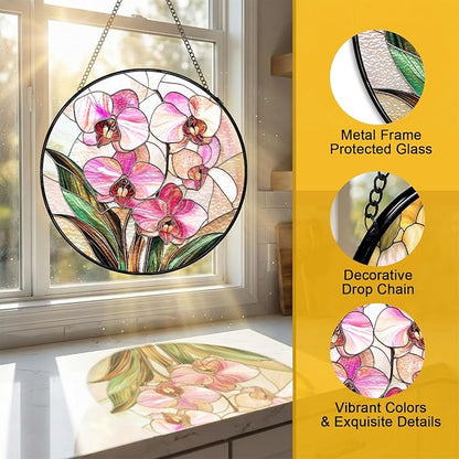 Stained Glass Sun Catcher Window Hanging - Pink Phalaenopsis Orchid Floral Design, Indoor Decor Gifts for Mother's Day, Birthday, Christmas - Perfect for Women, Mom Home Window Decor (Pink) 7.8in