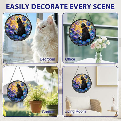 Cat Stained Glass Window Hanging, Flower Suncatcher Diamond Glass Panel Hangings, Sun Catchers Indoor Windows Wall Art, Gifts for Cat Lovers, Christmas Decor for Home Garden Office 7.87 inches