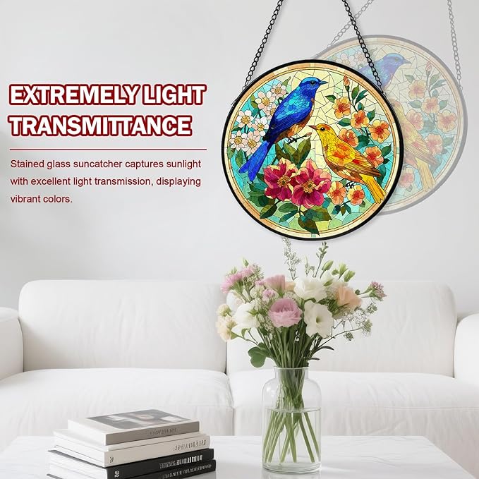 Hummingbird Stained Glass Window Hanging, Suncatcher Diamond Glass Panel Hangings, Sun Catchers Indoor Windows Wall Art, Gift for Mom Grandma Bird Lover, Christmas Decor for Home Office 7.87 inches