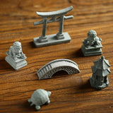 6 PCS Mini Zen Garden Accessories, Miniature Garden Bridge Foo Dogs Torii Gate Sandstone Figurines Meditation Zen Decor Japanese Fish Tank Terrarium Bonsai Decorations (Art Deco)