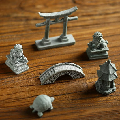 6 PCS Mini Zen Garden Accessories, Miniature Garden Bridge Foo Dogs Torii Gate Sandstone Figurines Meditation Zen Decor Japanese Fish Tank Terrarium Bonsai Decorations (Art Deco)