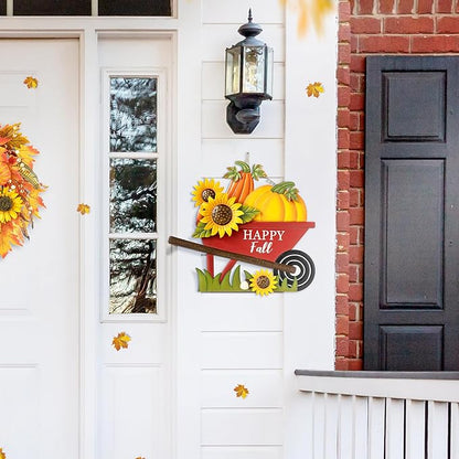Glitzhome 30" H Fall Metal Wheel Barrow Pumpkin Yard Stake/Hanging Wall Decor,Pumpkin Wagon Cart with Happy Fall Signs,Fall Harvest Porch Decorations for Thanksgiving Autumn Halloween Party Supplies