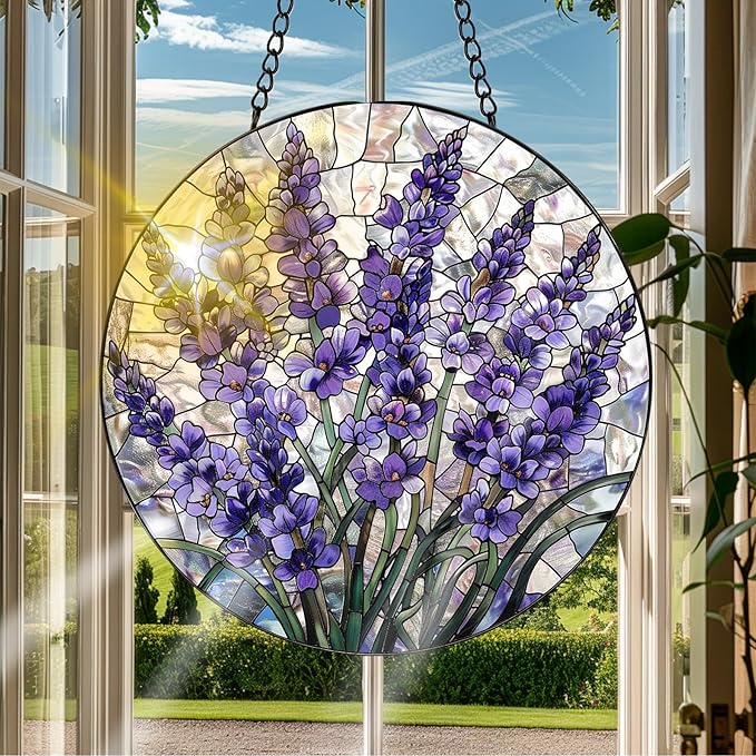 VAIIEYO Lavender Sun Catcher Stained Glass Window Hanging Ornament, Handmade Sun Catcher Flower Decoration with Hooks for Window Garden Home, Mother's Day & Birthday Housewarming Gift (7.8 inch)