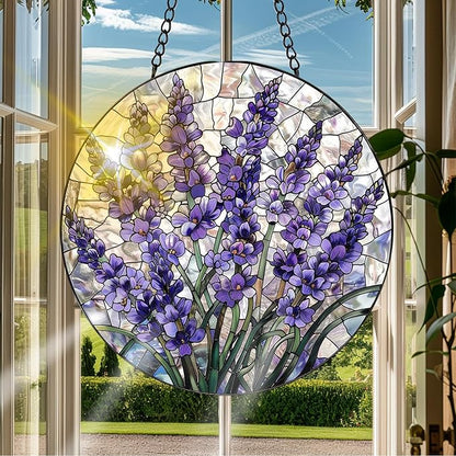 VAIIEYO Lavender Sun Catcher Stained Glass Window Hanging Ornament, Handmade Sun Catcher Flower Decoration with Hooks for Window Garden Home, Mother's Day & Birthday Housewarming Gift (7.8 inch)