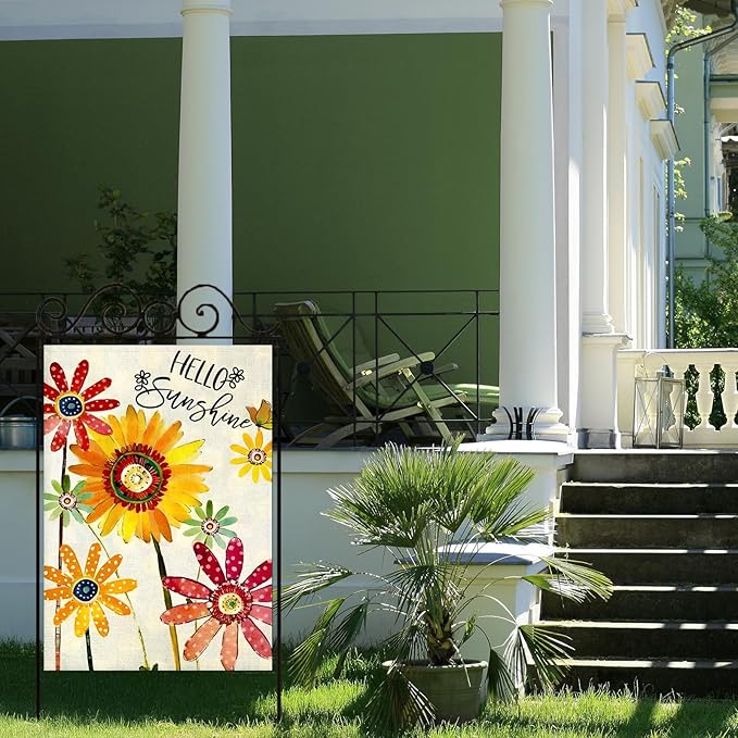 Summer Flowers House Flags for Outdoor, Hello Sunshine Sunflower Daisy Yard Flags for Outside,Seasonal Decorative Flag for Spring Farmhouse Holiday Decoration 28x40 Inch Double Sided