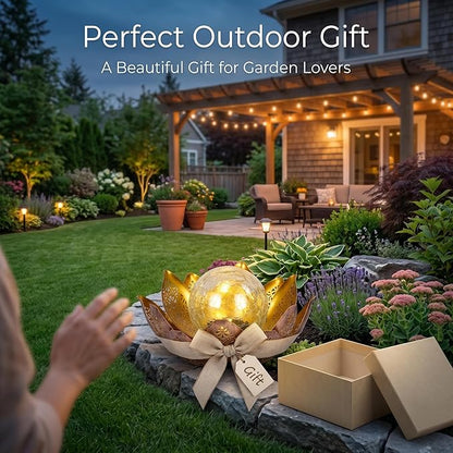 DUSVALLY Lotus Solar Globe LED Light Garden Decoration, Outdoor IP65-Waterproof Crack Glass Solar Flower Lamp Hollow Out Retro Golden Metal Light for Patio, Lawn & Pathway Landscape, 12" W * 6" H