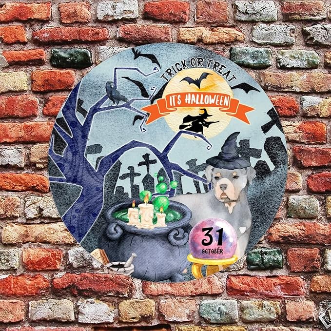 Retro Metal Sign 12"x12",Happy Halloween Scary Night Grave Witch Bats Trick Or Treat Dog Aluminum Tin Metal Sign for Home Living Room Bedroom Garden Farm Patio Decor Wall Art Poster