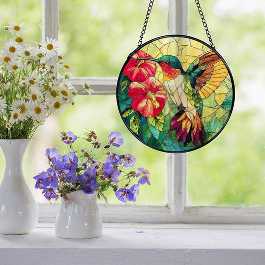 Hummingbird Suncatcher Stained Glass Window Hanging, Hummingbird Flower Sun Catchers Indoor Window Glass Wall Art Decor, Bird Wall Hanging Decor Decorations, 7.9x7.9 Inch 038-MH-BLGH