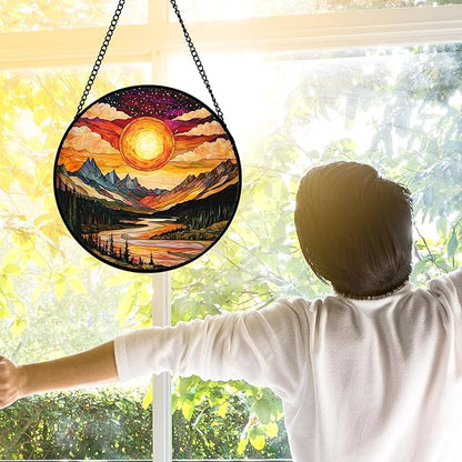 DASTOLL Stained Glass Window Hanging, Dusk Sunset Landscape Sun Catchers Glass Panel Lakes and Mountains Suncatcher Decor for Birthday for Women, Men, Wife, Aunt, and Mom 9.8 in
