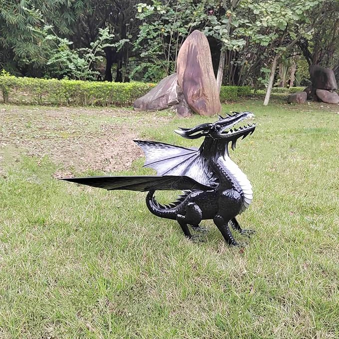 Decorative Black Echo Dragon Garden Sculpture, Design Horned Dragon Winged Gargoyle Dragon– Patio Porch Courtyard Decor-Rockery Topper Statue-Gothic Flying Grotesque Dragon
