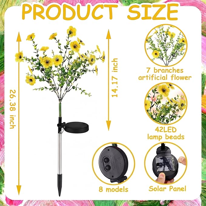 Glooglitter 2 Pack Solar Stake Lights Outdoor Decor Waterproof Mums Artificial Flowers Solar Lights for Outdoor Garden Yard Pathway Decor (Yellow,Violet)