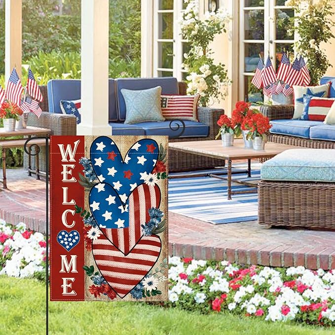 AVOIN colorlife Patriotic 4th of July Welcome Garden Flag 12x18 Inch Double Sided, Memorial Day Independence Day American Stars and Stripes Love Heart Yard Outdoor Decoration
