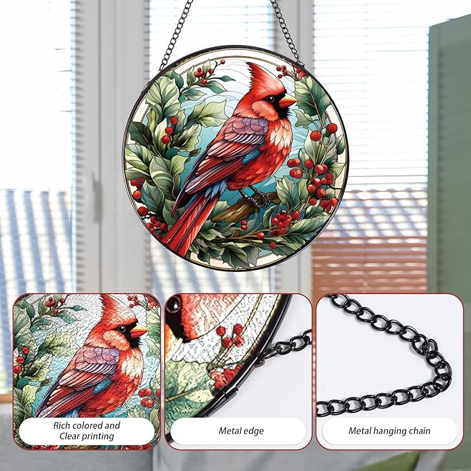 Rngmsi Cardinal Stained Glass Window Hanging Decor, 7.8″ Sun Catchers Stain Glass Window Hanging Indoor, Bird Suncatcher Home Wall Art Gift for Thanksgiving Christmas Housewarming
