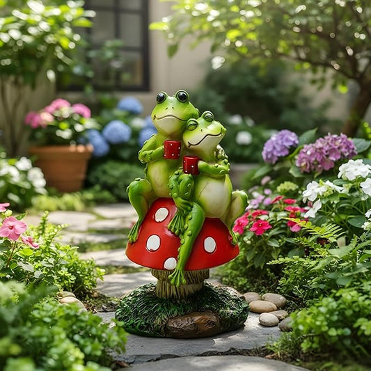 Frog Statue Couple Sitting on Mushroom Figurine, Hand-Painted Resin 7.87 in Garden Decor, Outdoor Garden Decor for Home, Patio, Lawn, Yard Decorations