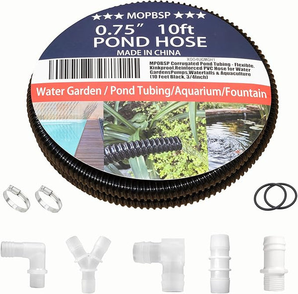 Corrugated Pond Tubing - Flexible, Kinkproof, Reinforced PVC Hose for Water Gardens, Pumps, Waterfalls & Aquaculture (10 Feet Black, 3/4 Inch)