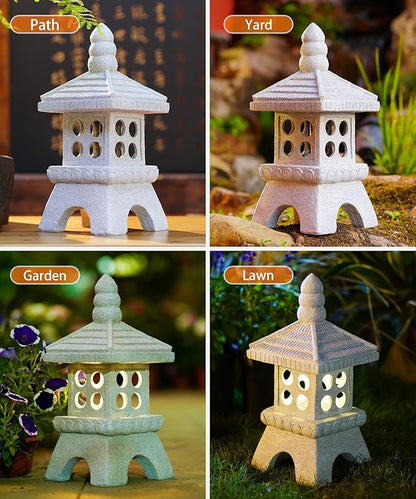 Nacome Solar Pagoda Garden Statues:15.7 inches Outdoor Waterproof Resin Zen Decor for Landscape Balcony Patio Porch Yard Ornament(Gray)