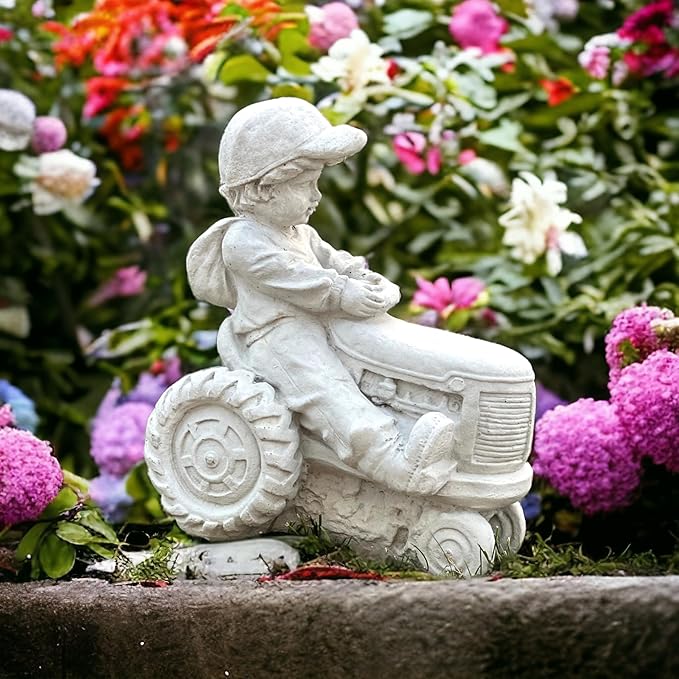 Concrete Young Child on a Tractor Figure Massive Boy on Tractor Statue Outdoor Farm Decoration